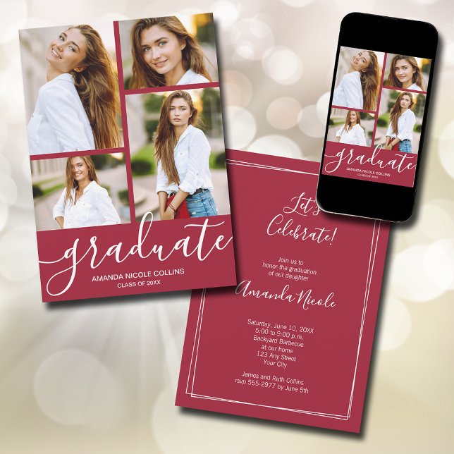 Modern 4 Photo Crimson Graduation Announcement (Modern script 4 photo crimson red graduation announcements - PRINTED and/or INSTANT DOWNLOAD)