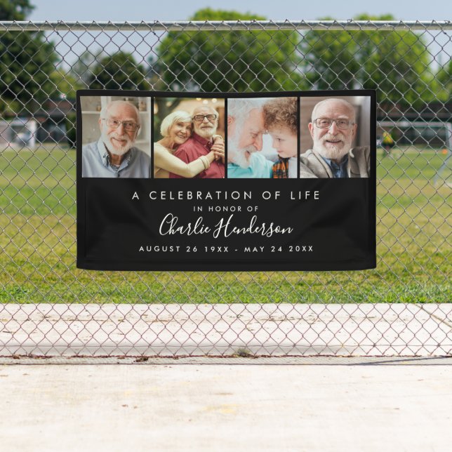 Modern 4-Photo Custom Text Funeral Banner (Insitu)