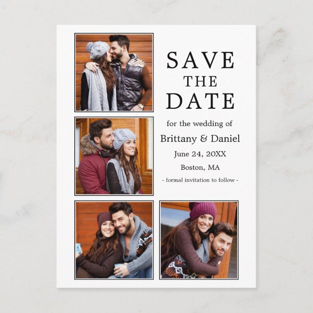 Modern 4 Photo Engagement Save the Date Postcard (Front)