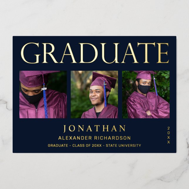 Modern 4 Photo Foil Graduation Announcement Navy 2 (Front)