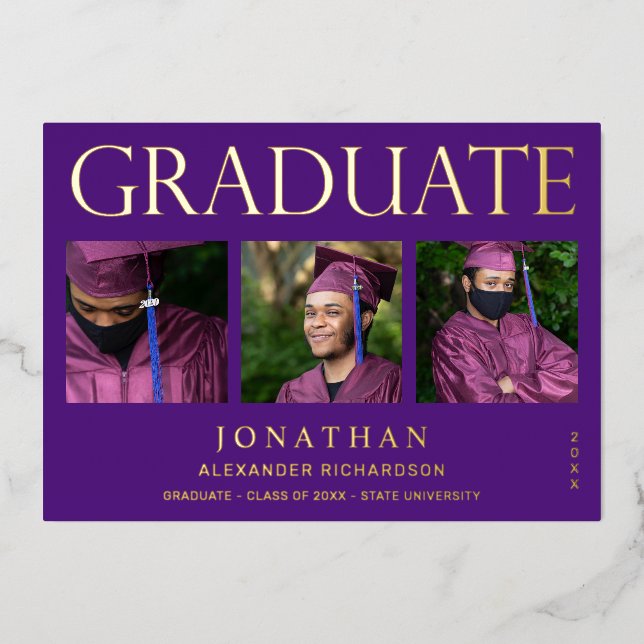 Modern 4 Photo Foil Graduation Announcement Purple (Front)
