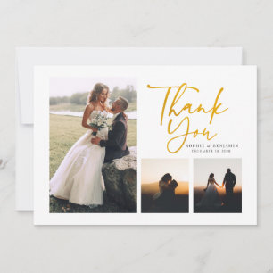 Modern 4 Photo Gold Hand-Lettered Wedding Thank You Card