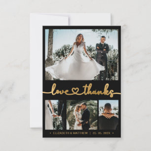 Modern 4 Photo Gold Heart Script Wedding Thank You Card
