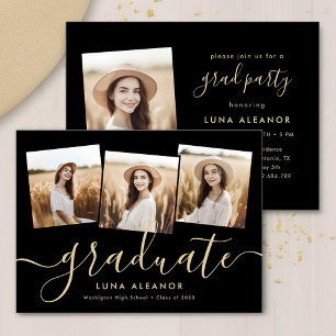 Modern 4 Photo Graduation Collage Black And Gold Invitation