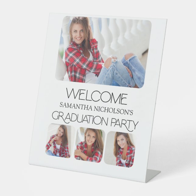 Modern 4 Photo Graduation Party Welcome Pedestal Sign (Front)