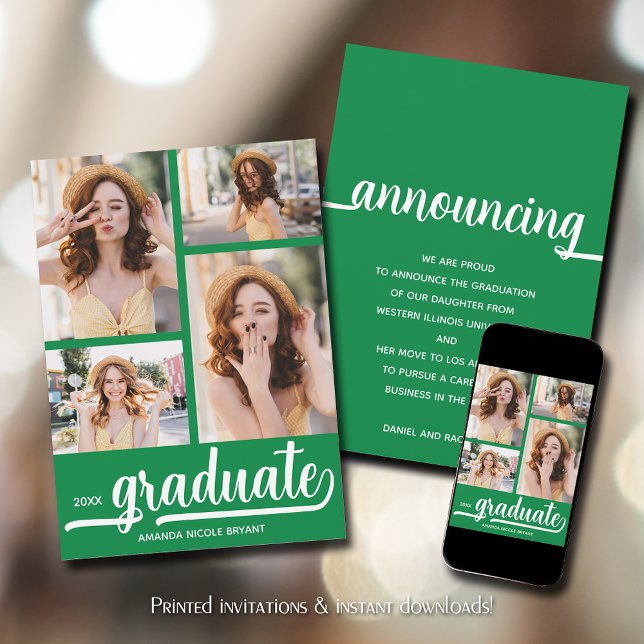 Modern 4 Photo Green Graduation Announcement (Green graduation announcements feature your favorite photos)