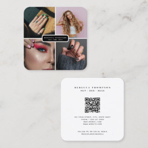 Modern 4 Photo Hair Skin Nail Salon QR Code Square Business Card