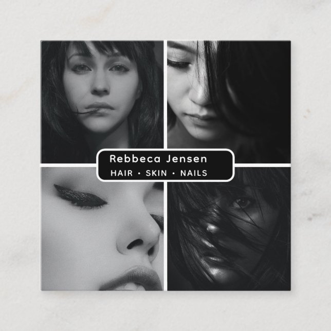 Modern 4 Photo Hair Skin Nail Salon QR Code  Square Business Card (Front)