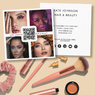 Modern 4 Photo Hair Stylist Makeup Artist QR Code Square Business Card
