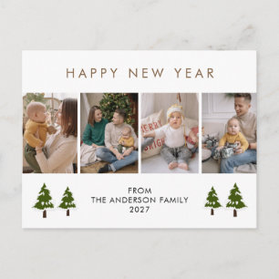 Modern 4 Photo New Year Pine Tree Minimalist Holiday Postcard