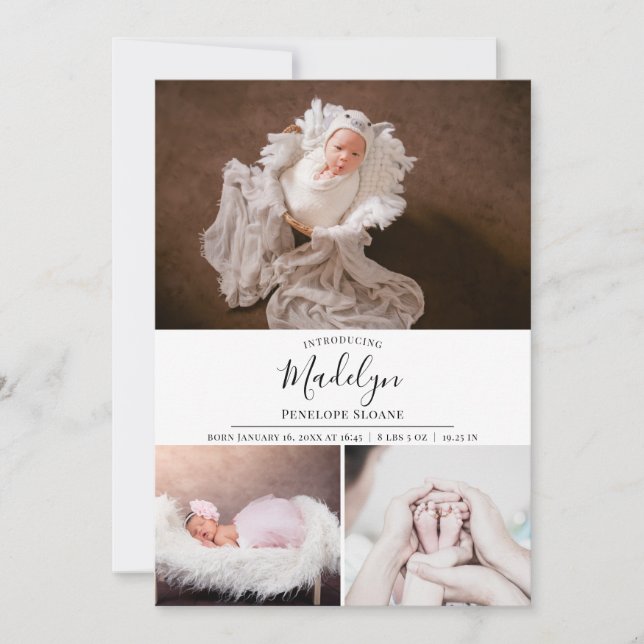 Modern 4 Photo Personalised Baby Birth Announcement (Front)