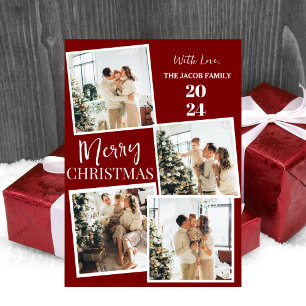 Modern 4 Photo Polaroid Grid Merry Christmas Holiday Card