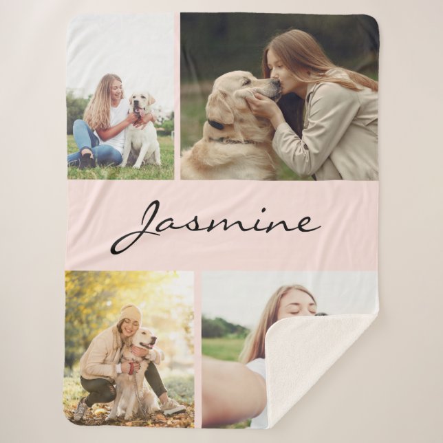 Modern 4 Photos Collage Dog Pink Sherpa Blanket (Front)