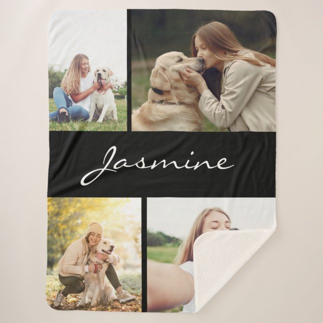 Modern 4 Photos Collage Dog Sherpa Blanket (Front)