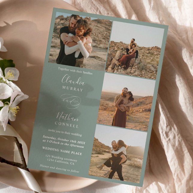 Modern 4 Photos elegant script wedding sage green Invitation (Creator Uploaded)