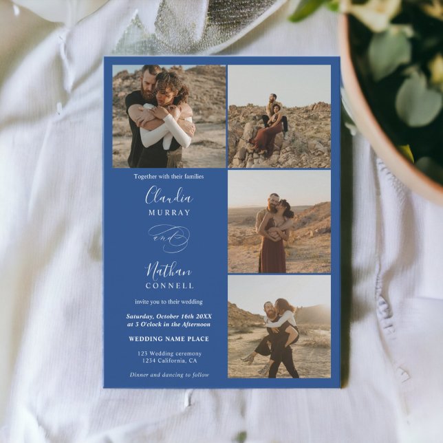 Modern 4 Photos elegant script wedding white blue Invitation (Modern 4 Photos elegant script wedding white blue Invitation)