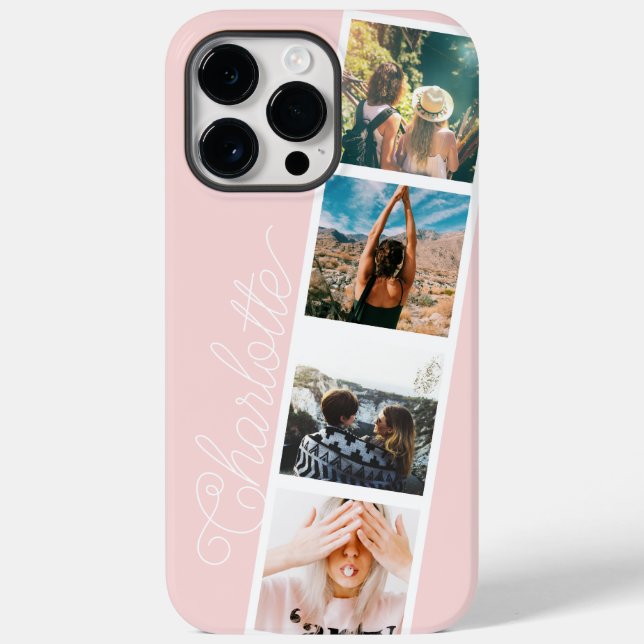 Modern 4 photos grid collage name on blush pink Case-Mate iPhone case (Back)
