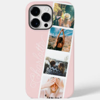 Modern 4 photos grid collage name on blush pink