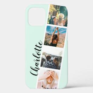 Modern 4 photos grid collage name on teal mint Case-Mate iPhone case