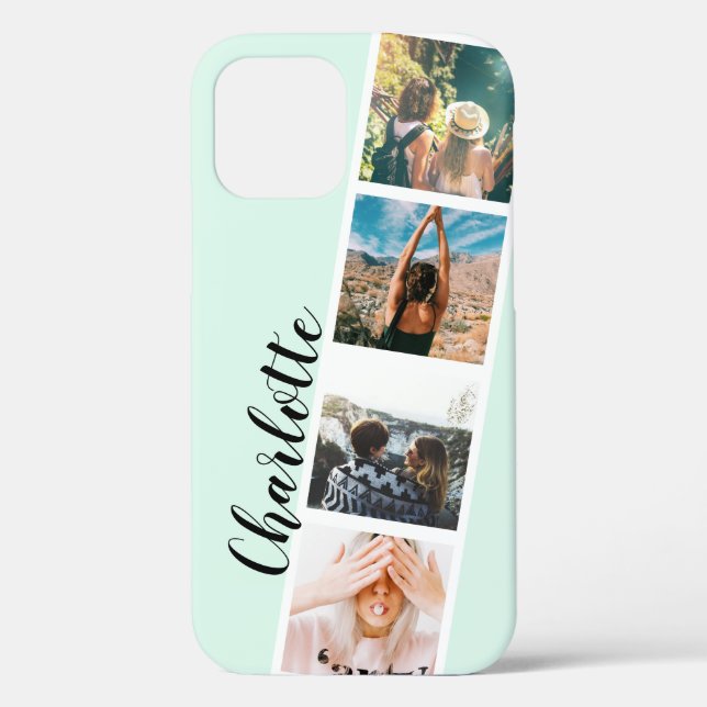 Modern 4 photos grid collage name on teal mint Case-Mate iPhone case (Back)