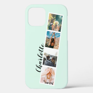 Modern 4 photos grid collage name on teal mint iPhone 12 pro case