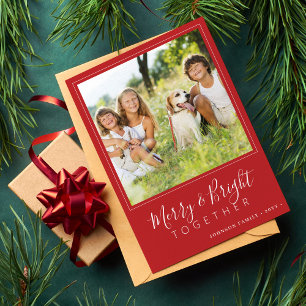 Modern 4 photos Merry and Bright red Christmas Holiday Card