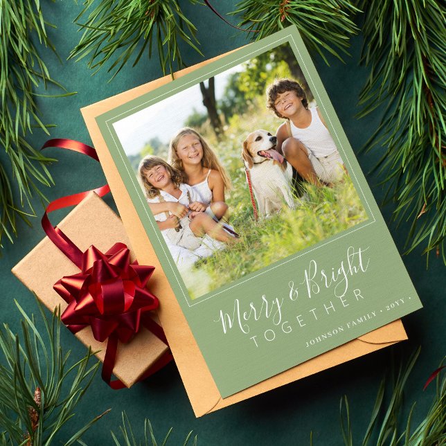 Modern 4 photos Merry and Bright sage Christmas Holiday Card (Creator Uploaded)