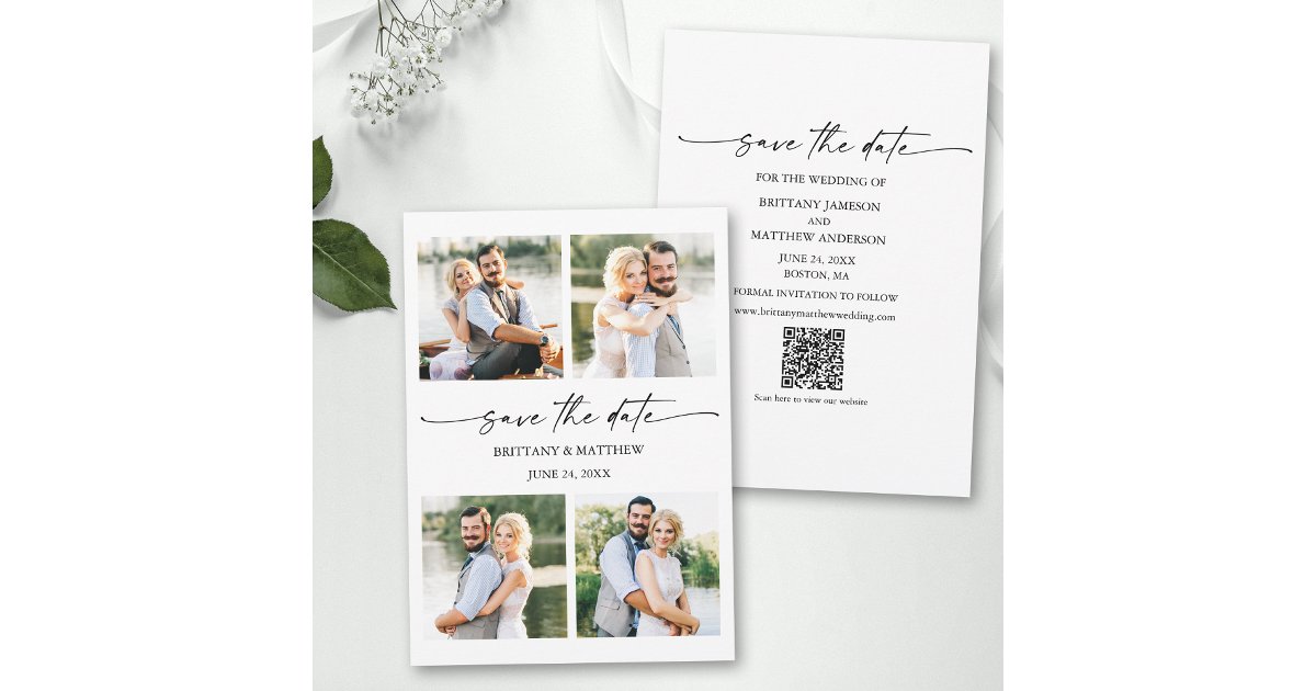 Answer Booklet Script Qr Code Photo Modern 4 Photos Minimalist Ink Script QR Code Save The Date | Zazzle