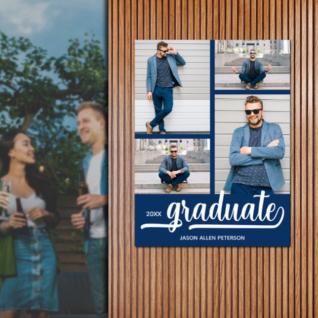 Modern 4 Photos on Blue Graduation Poster (Modern 4 photo on blue graduation party poster - PRINTED and/or INSTANT DOWNLOAD)