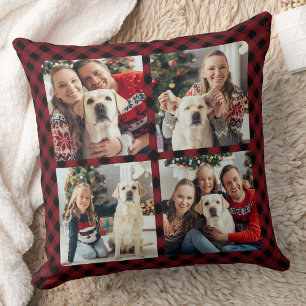 Modern 4 Photos Personalised Holiday Red Plaid Cushion