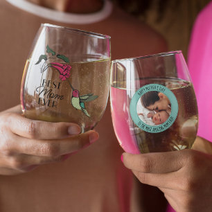 Modern 4 Photos Teal Best Mum Ever Hummingbird Stemless Wine Glass