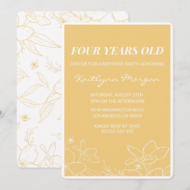 Modern 4th birthday invitations Floral Yellow (Front/Back)