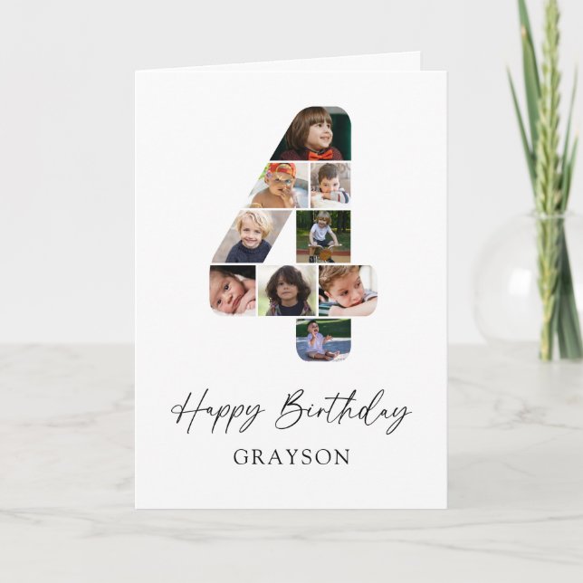Modern 4th Birthday Photo Collage Card (Front)