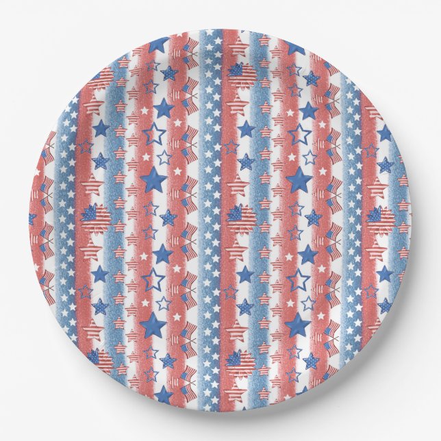Modern 4th of July Stars & Flag Party Patriotic Paper Plate (Front)