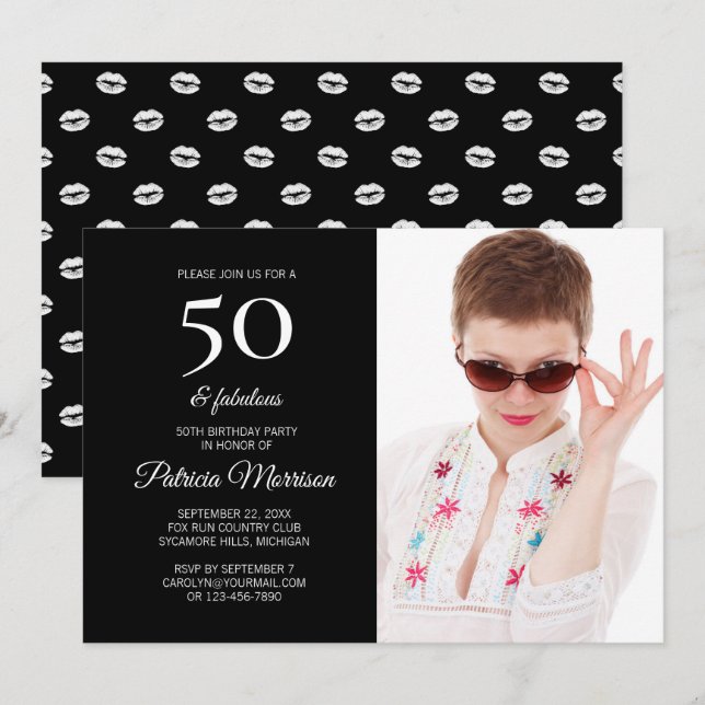 Modern 50 and Fabulous Black Photo Birthday Invitation (Front/Back)