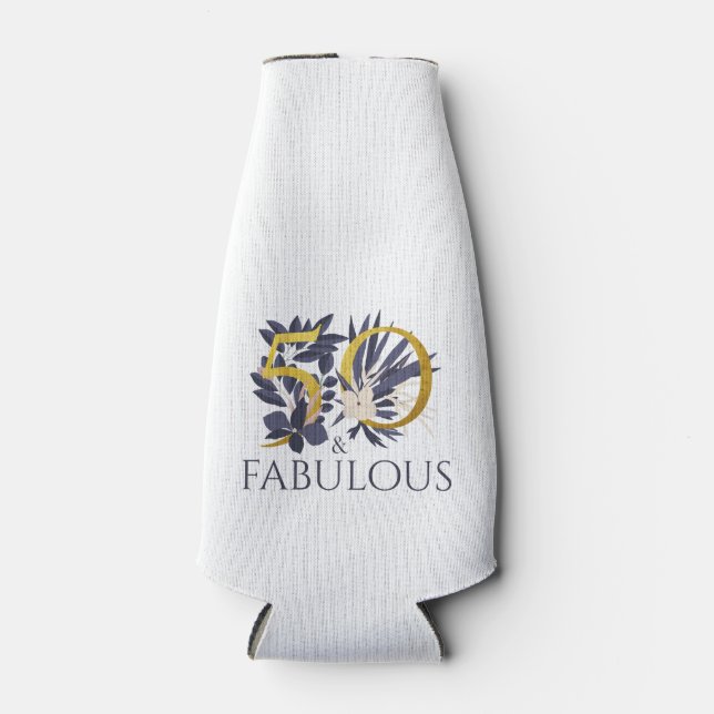 Modern 50 and fabulous Floral Gold Blue Bottle Cooler (Front)