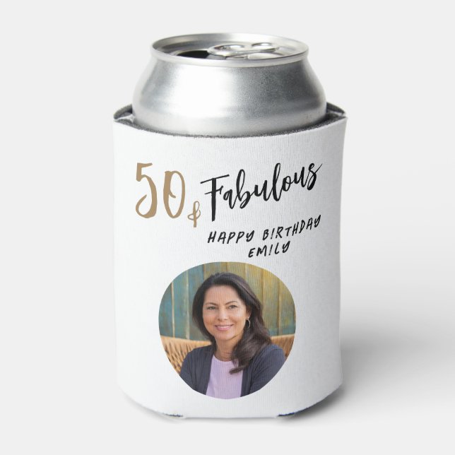 Modern 50 and Fabulous Photo 50th Birthday Can Cooler (Can Front)