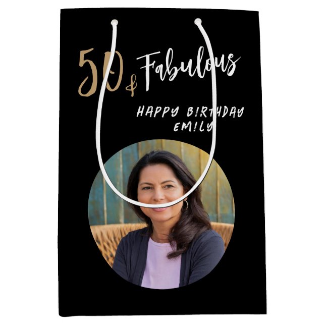 Modern 50 and Fabulous Photo 50th Birthday Medium Gift Bag (Front)