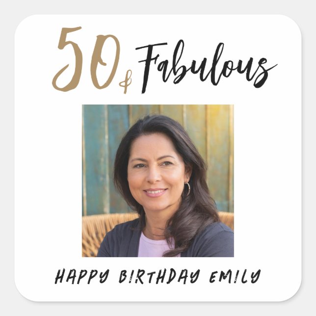 Modern 50 and Fabulous Photo 50th Birthday Square Sticker (Front)