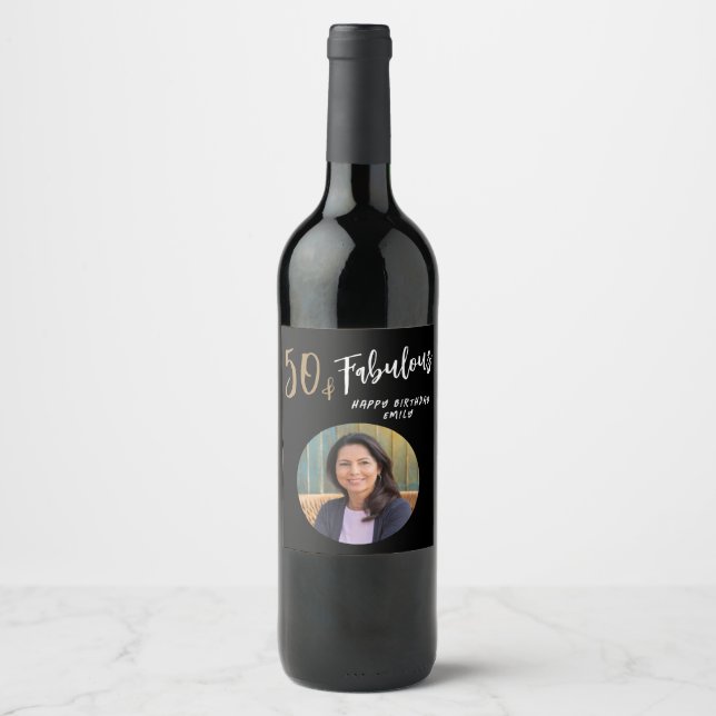 Modern 50 and Fabulous Photo 50th Birthday Wine Label (Front)