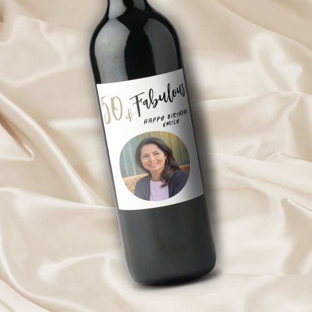 Modern 50 and Fabulous Photo 50th Birthday Wine Label (Creator Uploaded)