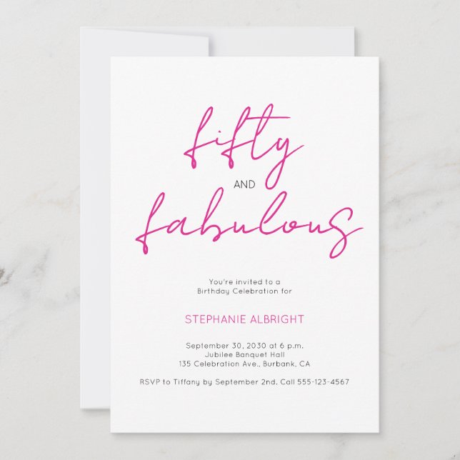 Modern 50 and Fabulous Pink 50th Birthday Party In Invitation (Front)