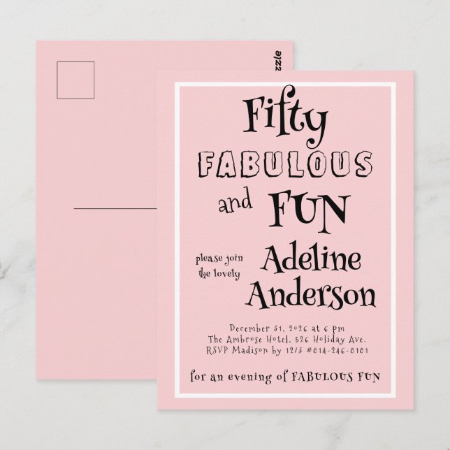 Modern 50 and Fabulous Pink 50th Birthday Party Postcard (Front/Back)