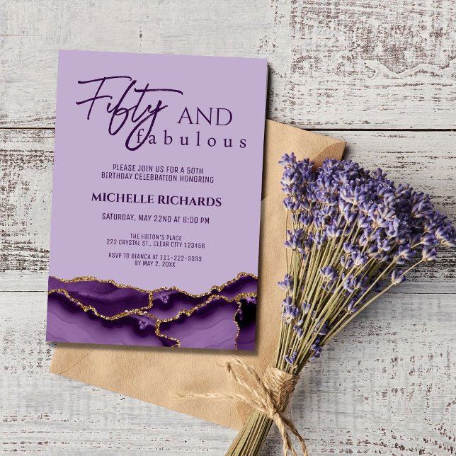 Modern 50 and Fabulous Purple Gold Agate  Invitation (Creator Uploaded)