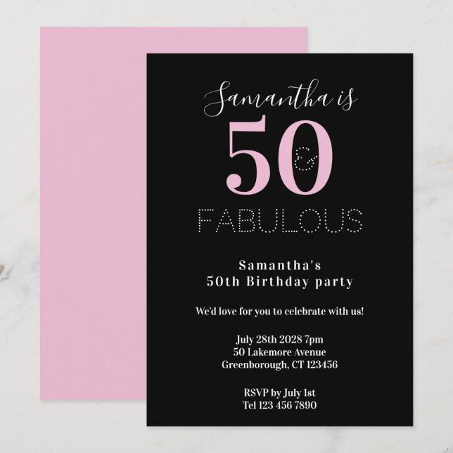Modern 50 Fabulous 50th Birthday Black Pink Party Invitation (Front/Back)
