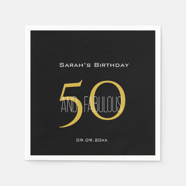 Modern 50 & Fabulous Black and Gold Birthday  Napkin (Front)