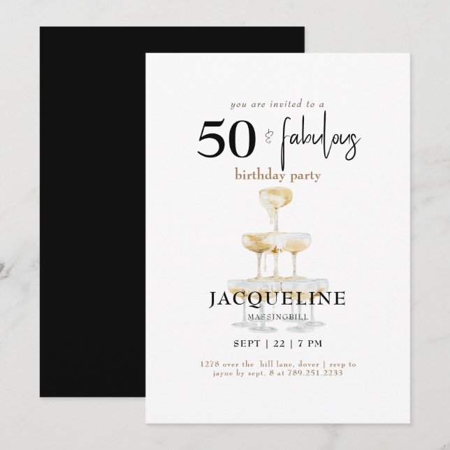 Modern 50 & Fabulous Black Birthday Party Invitation (Front/Back)