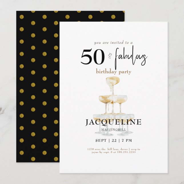 Modern 50 & Fabulous Black Glam Birthday Party Invitation (Front/Back)