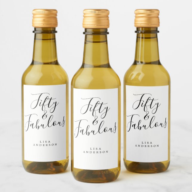 Modern 50 Fabulous Black White Name 50th Birthday Wine Label (Bottles)