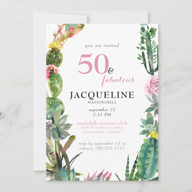 Modern 50 & Fabulous Cactus Birthday Party Invitation (Front)